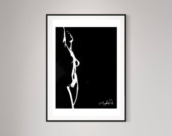 May include: A black and white illustration of a person's silhouette in a standing pose. The person is facing to the right and their arms are raised above their head. The background is black.