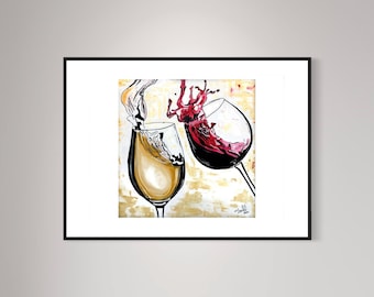 May include: A painting of two wine glasses, one with white wine and the other with red wine, both with splashes of liquid coming out of the glasses.