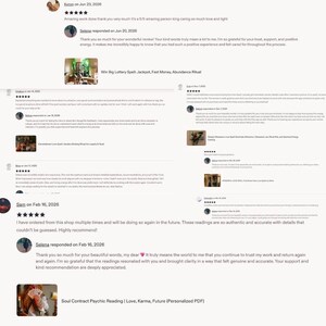 May include: A collection of customer reviews for an online shop, featuring five-star ratings, written feedback from buyers, and responses from the seller named Selena. The text includes titles like Win Big Lottery Spell and Soul Contract Psychic Reading.