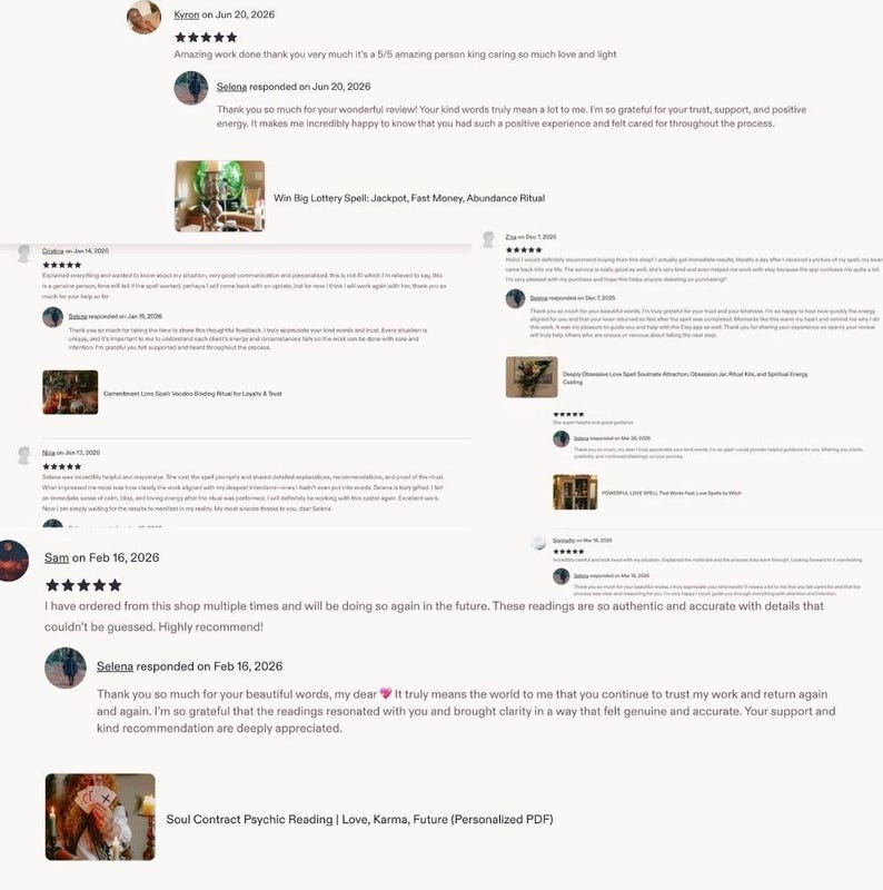 May include: A collection of customer reviews for an online shop, featuring five-star ratings, written feedback from buyers, and responses from the seller named Selena. The text includes titles like Win Big Lottery Spell and Soul Contract Psychic Reading.