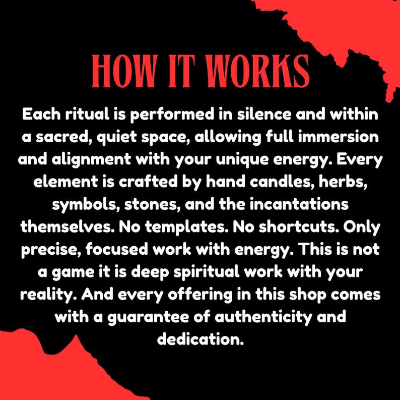 May include: A black graphic with red accents featuring the text HOW IT WORKS followed by a paragraph explaining that rituals are performed in silence using hand-crafted candles, herbs, symbols, and stones with a guarantee of authenticity.
