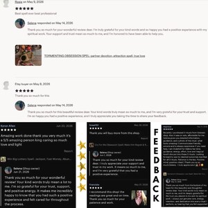 May include: A digital collage of customer reviews for a spiritual services shop. The image displays multiple five-star ratings, text-based feedback from buyers, and written responses from the shop owner, Selena, alongside product titles.