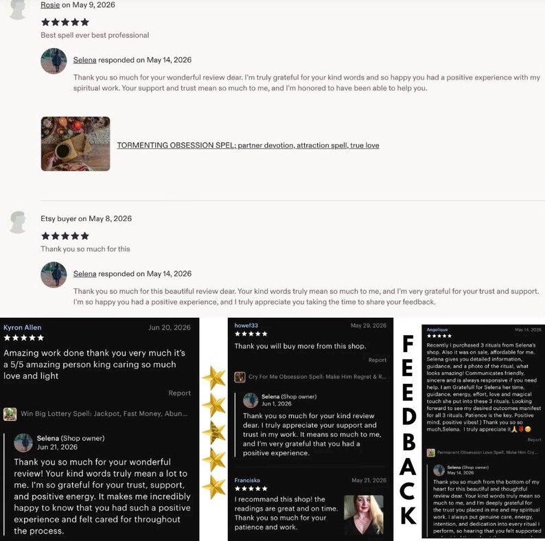 May include: A digital collage of customer reviews for a spiritual services shop. The image displays multiple five-star ratings, text-based feedback from buyers, and written responses from the shop owner, Selena, alongside product titles.
