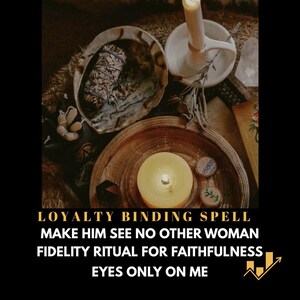 May include: A still-life arrangement featuring a lit candle, a seashell, and small wooden discs. The text "LOYALTY BINDING SPELL" and other phrases are displayed at the bottom of the image. The scene has a warm, inviting color palette.