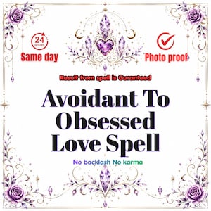 Op de afbeelding: Een witte rechthoekige afbeelding met paarse rozen in de hoeken en een centraal paars kristallen hart-icoon. De tekst luidt: 24 HOURS Same day, Photo proof, Result from spell is Guranteed, Avoidant To Obsessed Love Spell, No backlash No karma.