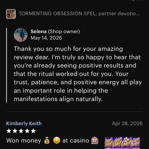 May include: A digital screenshot of two customer reviews on a dark background. The first review by Lynn includes five stars and text about a ritual. The second review by Kimberly Keith includes five stars, text about winning money, and a small image of a slot machine.