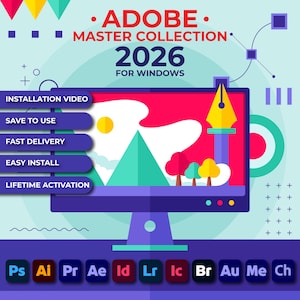 Puede incluir: Gráfico promocional de Adobe Master Collection 2026 para Windows. La imagen presenta un monitor de computadora con un paisaje colorido. El texto incluye "Adobe Master Collection 2026" e iconos de software para Photoshop, Illustrator, Premiere Pro, After Effects, InDesign, Lightroom, etc.