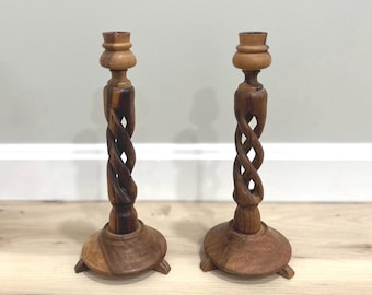 Vintage Set of Hand-carved Wood Candlesticks