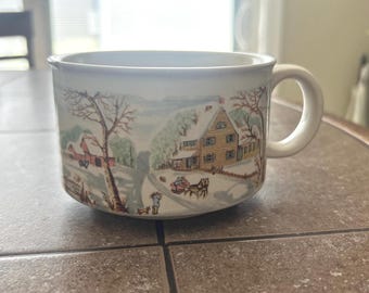 Vintage Sunnycraft Stoneware Winter Scene Mug / Soup Bowl