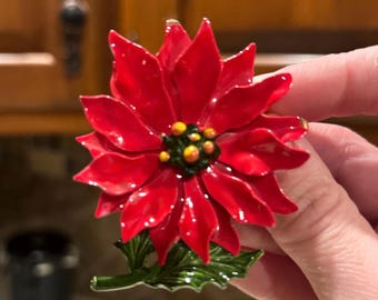Vintage Red Pointsettia Enamel Brooch