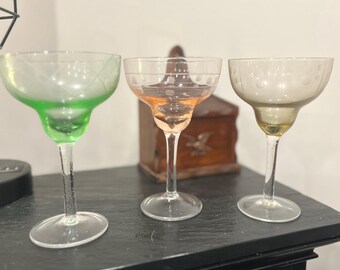 Set of 3 - Vintage Laura Glass Allegro Etched Margarita Glasses
