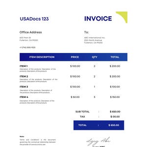 May include: A white invoice with blue and yellow accents. The document includes sections for item descriptions, prices, quantities, and totals. The invoice is from USADocs 123 and is addressed to ABC International Inc.