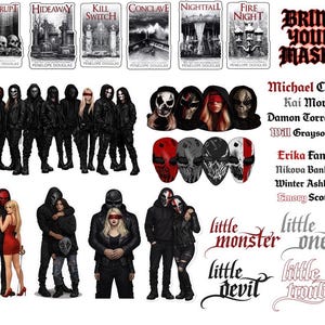 May include: A collection of stickers and book covers featuring gothic themes. The stickers include masked figures, skulls, and the phrases "little monster" and "little devil." Book covers display titles like "Corrupt" and "Hideaway."