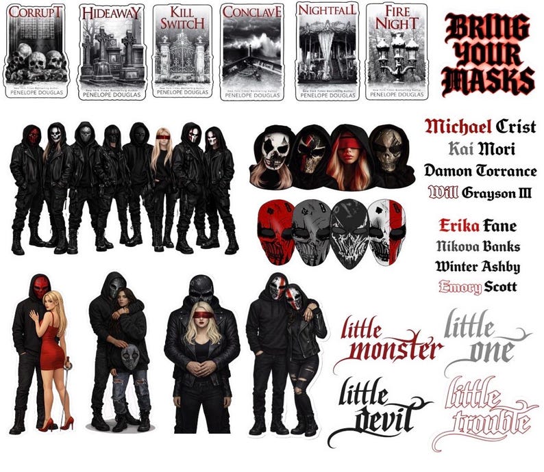 Puede incluir: Una colecci&oacute;n de pegatinas y portadas de libros con temas g&oacute;ticos. Las pegatinas incluyen figuras enmascaradas, calaveras y las frases "little monster" y "little devil". Las portadas de libros muestran t&iacute;tulos como "Corrupt" y "Hideaway".