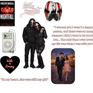 Puede incluir: Un collage de im&aacute;genes que presenta una portada de libro, una pareja con m&aacute;scaras, un reproductor de m&uacute;sica, un gr&aacute;fico en forma de coraz&oacute;n y una pareja caminando. La portada del libro es "Nightfall" de Penelope Douglas. El texto incluye citas y las palabras "Will & Emory."