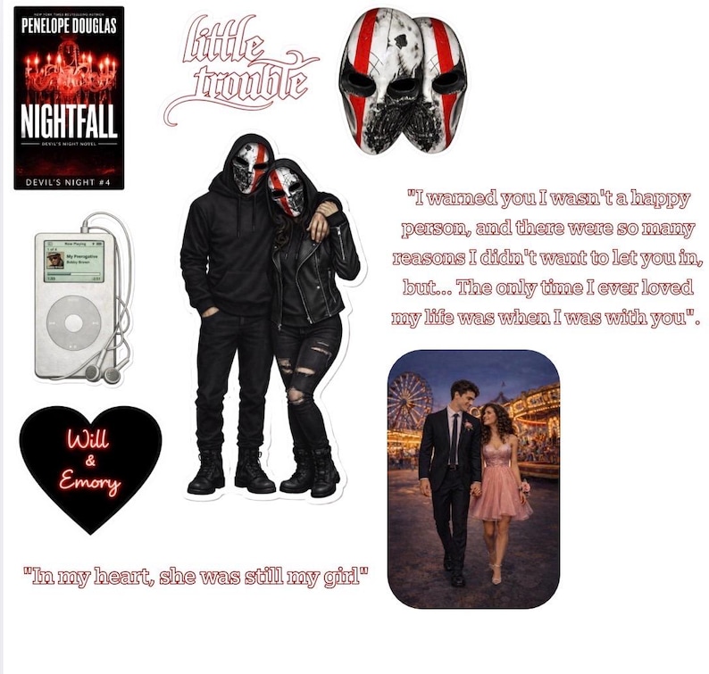 Puede incluir: Un collage de im&aacute;genes que presenta una portada de libro, una pareja con m&aacute;scaras, un reproductor de m&uacute;sica, un gr&aacute;fico en forma de coraz&oacute;n y una pareja caminando. La portada del libro es "Nightfall" de Penelope Douglas. El texto incluye citas y las palabras "Will & Emory."