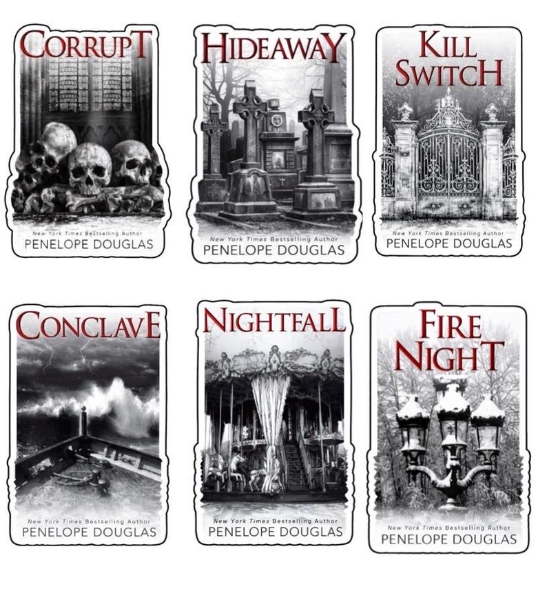 Puede incluir: Seis pegatinas de portadas de libros con temas g&oacute;ticos. Los t&iacute;tulos incluyen "Corrupt", "Hideaway", "Kill Switch", "Conclave", "Nightfall" y "Fire Night". Cada una presenta una ilustraci&oacute;n en escala de grises y el nombre del autor, Penelope Douglas.