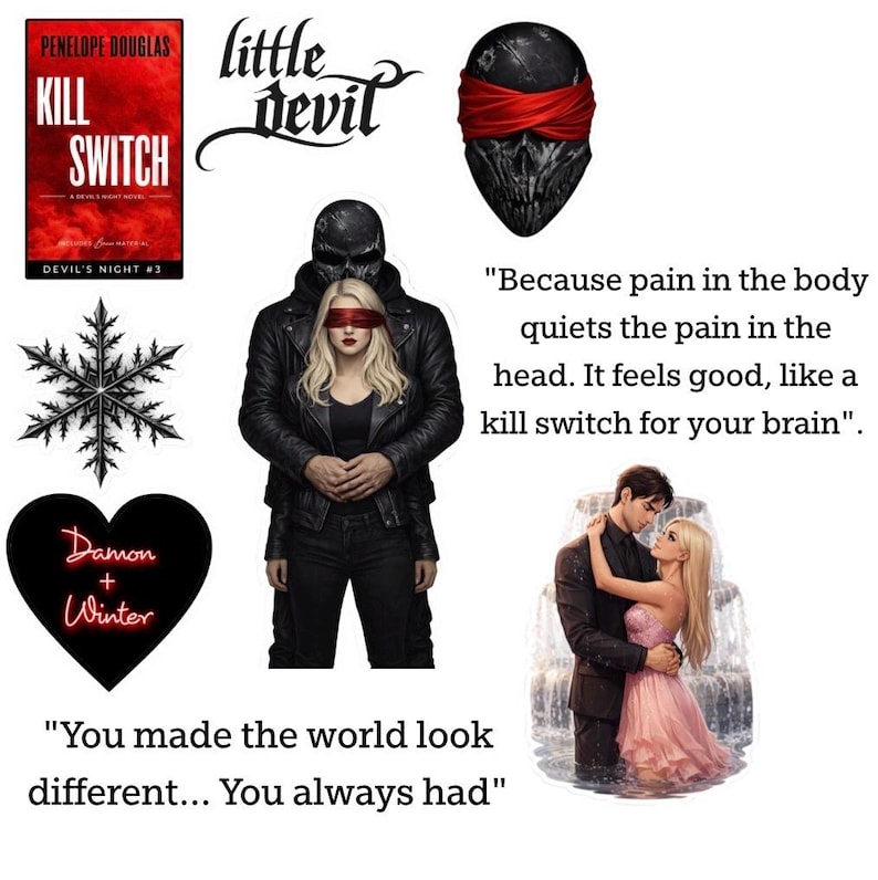 Puede incluir: Un collage con una portada de libro titulada "Kill Switch", una calavera con una venda roja y un coraz&oacute;n con los nombres "Damon + Winter". Tambi&eacute;n est&aacute; presente el texto "little devil".