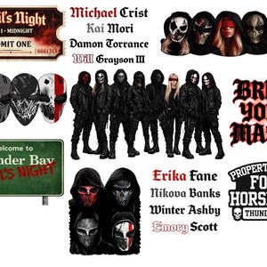 Puede incluir: Un collage de im&aacute;genes con tem&aacute;tica de Halloween. Incluye un boleto, un letrero de Thunder Bay Devil's Night, m&aacute;scaras y el texto "Bring Your Masks". La paleta de colores es principalmente negra, roja y blanca.