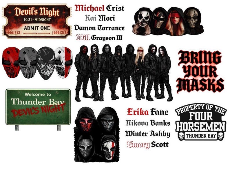Puede incluir: Un collage de im&aacute;genes con tem&aacute;tica de Halloween. Incluye un boleto, un letrero de Thunder Bay Devil's Night, m&aacute;scaras y el texto "Bring Your Masks". La paleta de colores es principalmente negra, roja y blanca.