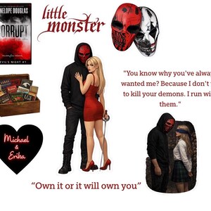 Puede incluir: Imagen con portadas de libros, una caja de madera con libros e ilustraciones de figuras enmascaradas. El texto incluye "CORRUPT", "DEVIL'S NIGHT #1", "little monster" y citas como "Own it or it will own you."