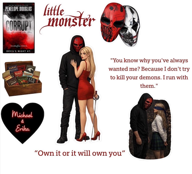 Puede incluir: Imagen con portadas de libros, una caja de madera con libros e ilustraciones de figuras enmascaradas. El texto incluye "CORRUPT", "DEVIL'S NIGHT #1", "little monster" y citas como "Own it or it will own you."