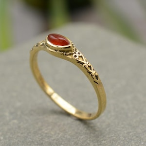 Vintage Carnelian Marquise Ring in 14K Gold Over Brass, Boho Filigree Red Agate Stacking Ring, Victorian Style Earthy Jewelry Gift