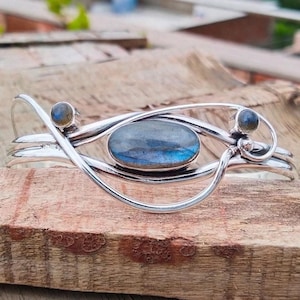Handmade Sterling Silver Labradorite Cuff Bracelet, Adjustable Wire Wrap Gemstone Bangle