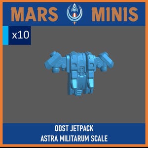 Puede incluir: Un modelo de mochila propulsora ODST azul claro para miniaturas a escala Astra Militarum. La imagen incluye el texto "MARS MINIS" y "x10". La mochila propulsora es una miniatura detallada impresa en 3D.