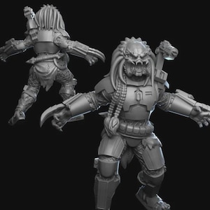 May include: A gray Predator action figure with detailed armor, dreadlocks, and a menacing expression. The figure is posed with arms outstretched, showcasing its claws and weaponry. A second figure is visible in the background.