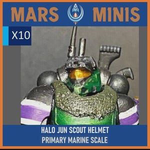 May include: A set of ten Halo Jun scout helmets in primary marine scale. The miniature helmet features a green and black color scheme with a gold visor, a textured collar, and an antenna attachment. The text MARS MINIS, X10, and HALO JUN SCOUT HELMET PRIMARY MARINE SCALE are visible.