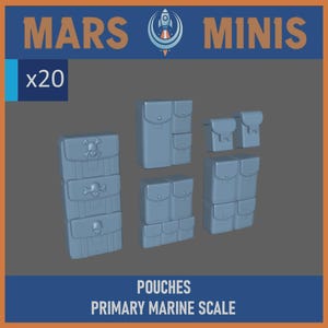 May include: A collection of light blue pouches for miniatures. Some pouches have skull and crossbones details. The image includes the text "MARS MINIS", "x20", "POUCHES", and "PRIMARY MARINE SCALE".