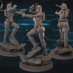 May include: Three grey resin statues of a female warrior in a futuristic suit, each in a dynamic pose with a weapon. The statues are mounted on circular bases with a rocky texture. The Wardlade Studio logo is in the upper left corner.