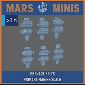 Puede incluir: Cinturones de granadas de color azul claro sobre un fondo gris. La imagen incluye el texto "MARS MINIS" y "x18". También está presente el texto "GRENADE BELTS PRIMARY MARINE SCALE".
