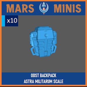 Puede incluir: Un modelo de mochila ODST azul para miniaturas a escala Astra Militarum. La imagen incluye el texto "MARS MINIS" y "x10". La mochila tiene un diseño detallado con varios compartimentos y correas, adecuado para juegos de mesa o proyectos de hobby.