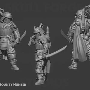 May include: Three grey figures of a samurai bounty hunter, each posed differently. They wear detailed armour, helmets, and carry swords and crossbows. One figure has a cape and a backpack. The text "MANDAL BOUNTY HUNTER" is at the bottom.