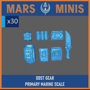 May include: A collection of blue plastic miniature accessories for a Mars Minis game. Includes pouches, canisters, a knife, and other gear. The text "x30" is visible. The text "ODST GEAR PRIMARY MARINE SCALE" is also visible.