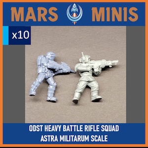 Op de afbeelding: Twee grijze plastic miniaturen van soldaten met geweren. De tekst "MARS MINIS" en "x10" staan bovenaan. De tekst "ODST HEAVY BATTLE RIFLE SQUAD ASTRA MILITARUM SCALE" staat onderaan.