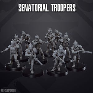 Puede incluir: Un grupo de figuras grises de Senatorial Troopers, cada una con un arma, se exhiben sobre bases circulares negras. El texto "SENATORIAL TROOPERS" está en la parte superior. La palabra "PRESUPPORTED" está en la parte inferior.