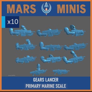 Może przedstawiać: Kolekcja dziesięciu niebieskich modeli miniaturowych Gears Lancer. Obraz zawiera tekst "MARS MINIS" i "GEARS LANCER PRIMARY MARINE SCALE". Modele są prezentowane na szarym tle.