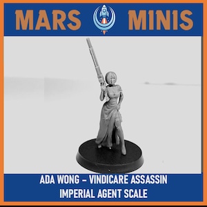 May include: A miniature figurine of Ada Wong, a Vindicare Assassin, holding a large rifle. The figure is gray and stands on a black circular base. The text "MARS MINIS" and "ADA WONG - VINDICARE ASSASSIN IMPERIAL AGENT SCALE" are displayed.