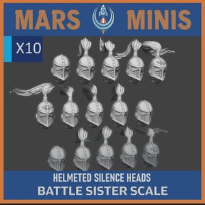 May include: A collection of ten gray, helmeted miniature heads with flowing hair, designed for the Battle Sister scale. The image includes the text "MARS MINIS", "X10", "HELMETED SILENCE HEADS", and "BATTLE SISTER SCALE".