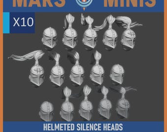 May include: A set of ten grey, helmeted miniature heads with flowing hair, designed for the Battle Sister scale. The image includes the text "MARS MINIS", "X10", "HELMETED SILENCE HEADS", and "BATTLE SISTER SCALE".