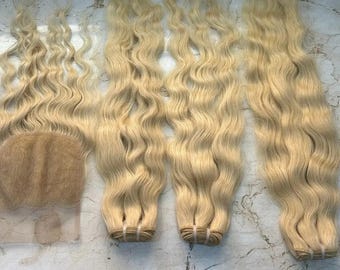 Blonde curly human hair bundles with closure