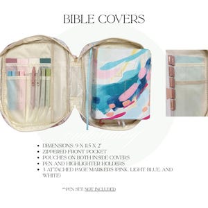 May include: Open Bible cover with a floral pattern, featuring a zippered front pocket and pouches. Inside, there's a Bible with a colorful abstract design. Includes pen and highlighter holders, and three attached page markers. Dimensions: 23 x 29 x 5 cm.