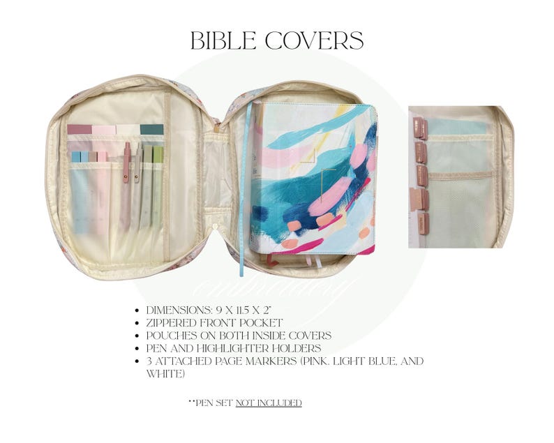 May include: Open Bible cover with a floral pattern, featuring a zippered front pocket and pouches. Inside, there's a Bible with a colorful abstract design. Includes pen and highlighter holders, and three attached page markers. Dimensions: 23 x 29 x 5 cm.