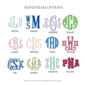 May include: An image displaying a selection of monogram designs. Styles include Fishtail, Stacked, Heirloom, Scallop, Classic, Keepsake, Circle, Baroque, Vine, Master, Engraved, and College. The text "MONOGRAM OPTIONS" is at the top.