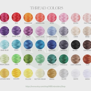 May include: A colour chart showing thread colours for embroidery. The chart features a grid of embroidered circles in various shades, including red, pink, blue, green, and brown. Text at the top reads "THREAD COLOURS". The Etsy shop URL is at the bottom.