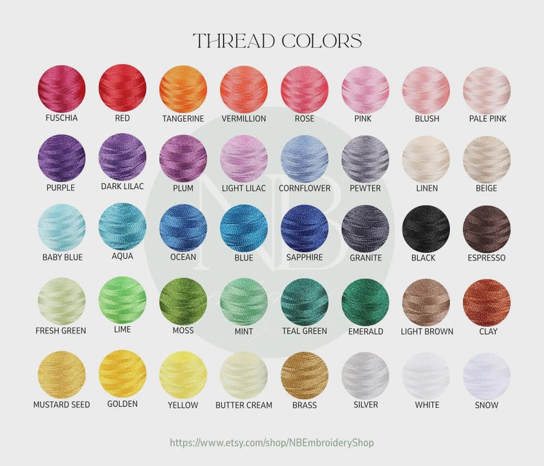 May include: A colour chart showing thread colours for embroidery. The chart features a grid of embroidered circles in various shades, including red, pink, blue, green, and brown. Text at the top reads "THREAD COLOURS". The Etsy shop URL is at the bottom.