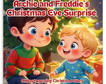 May include: A book cover illustration for a children's story. It shows two cartoon boys with a Christmas tree in the background. The title is "Archie and Freddie's Christmas Eve Surprise." The text below reads "A Heartwarming Christmas Story About Brotherly Love."